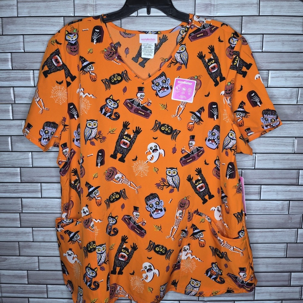 New Scrubstar Women's 2XL Orange Halloween Short Sleeve V Neck Scrub Top